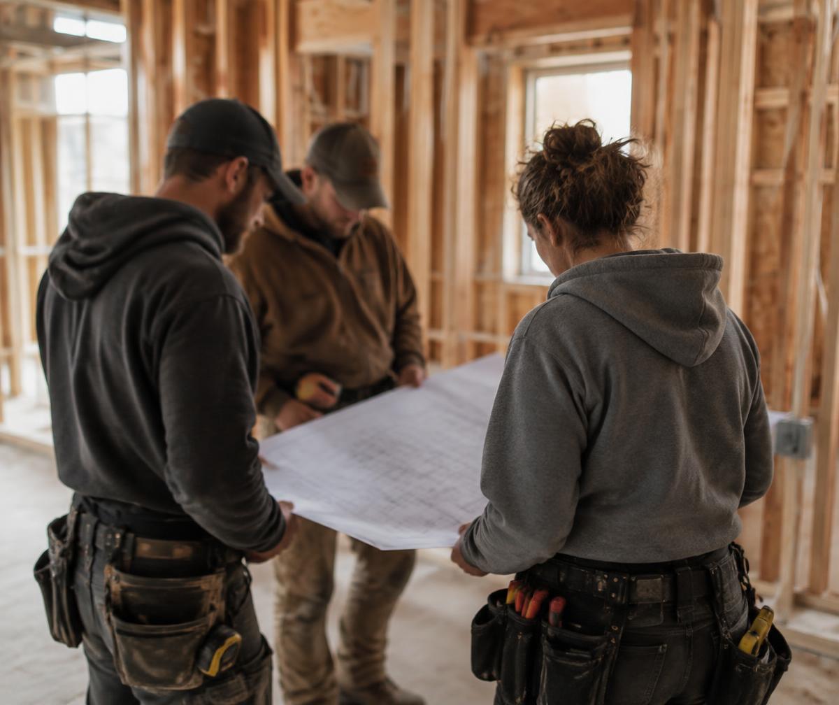 Illustrative image of a crew reviewing plans on a jobsite