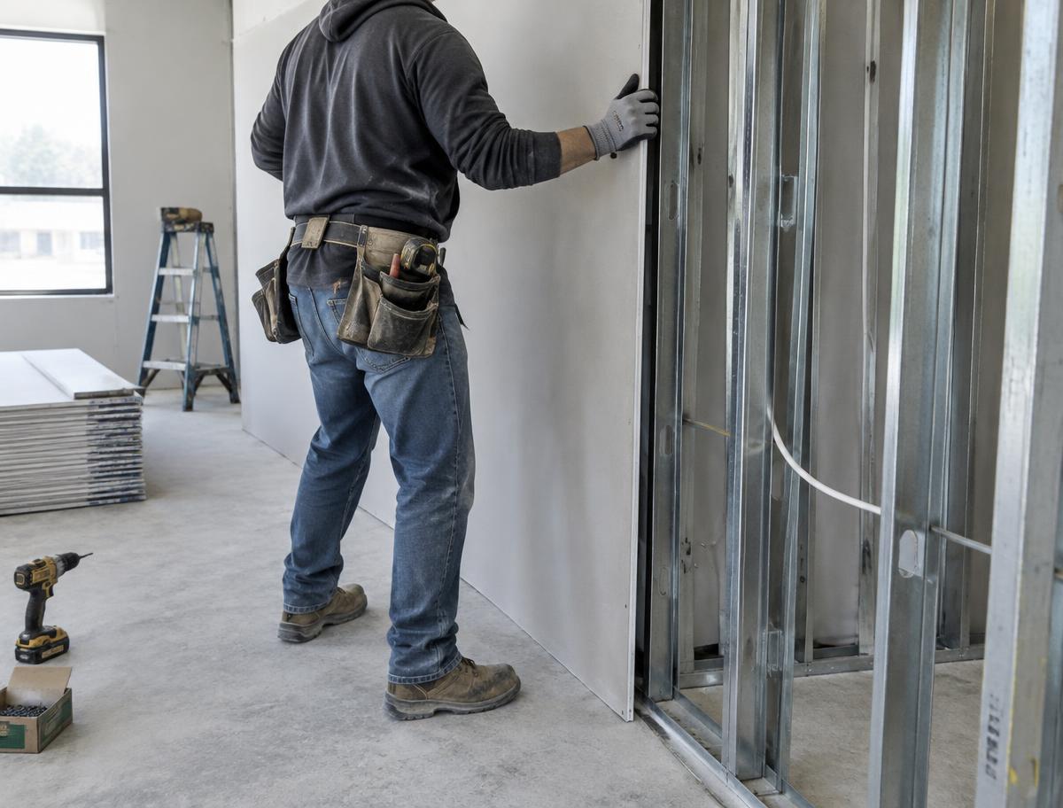 Installer setting a drywall sheet onto metal studs