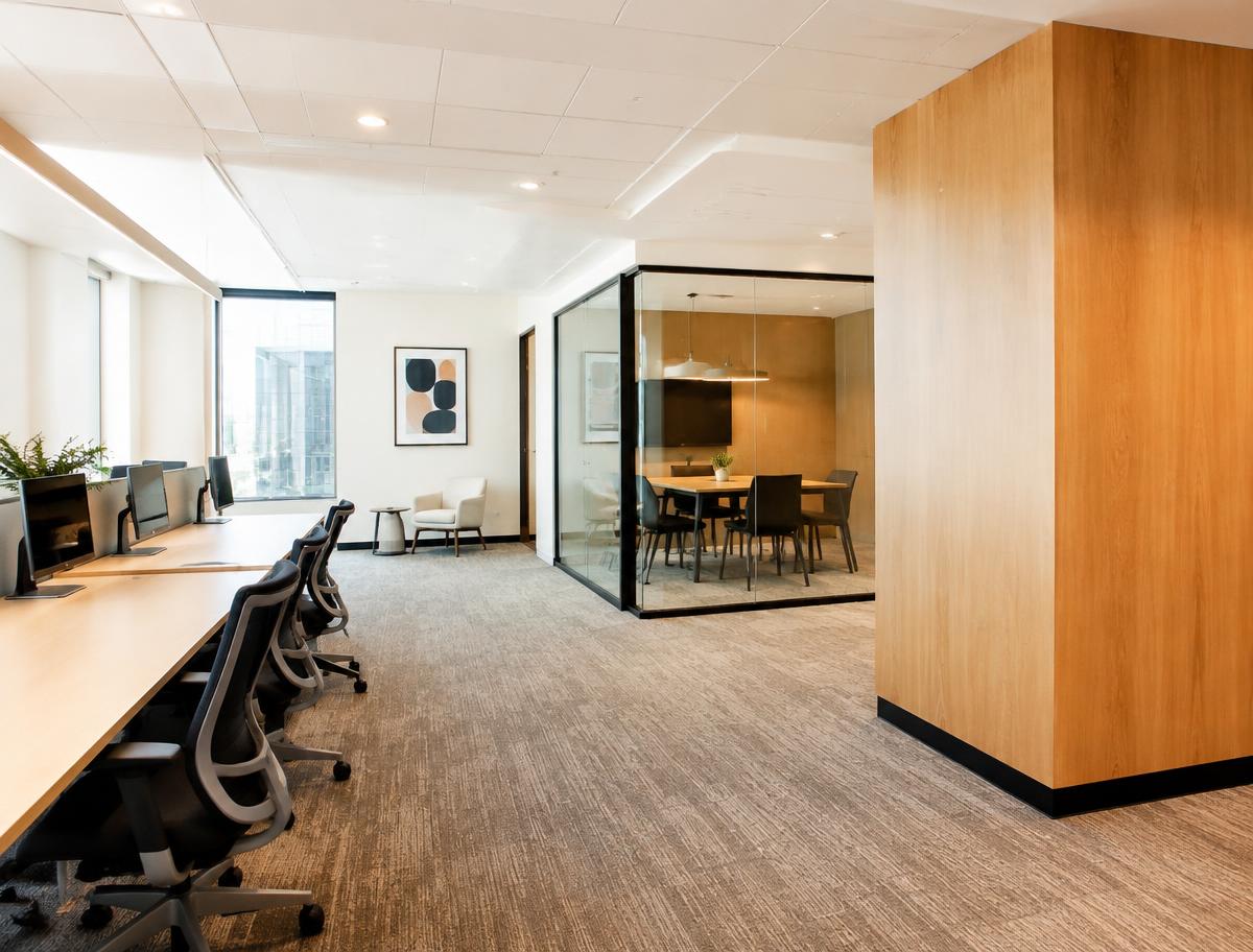 Finished commercial office interior with painted walls and wood panelling